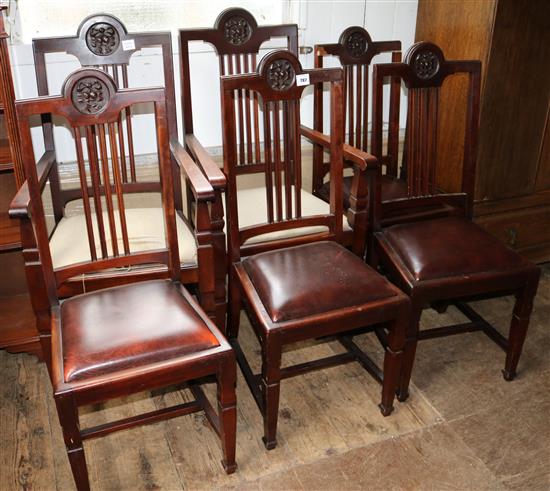 Set 6 1920s mahogany rail back dining chairs, one arm, five single